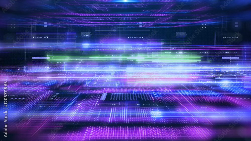 Poster Technology digital grid line hologram big data vertical landscape view concept. HUD UI system hologram, ai construction illustration.
