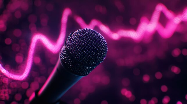 A black microphone stands prominently in the foreground against a vibrant,