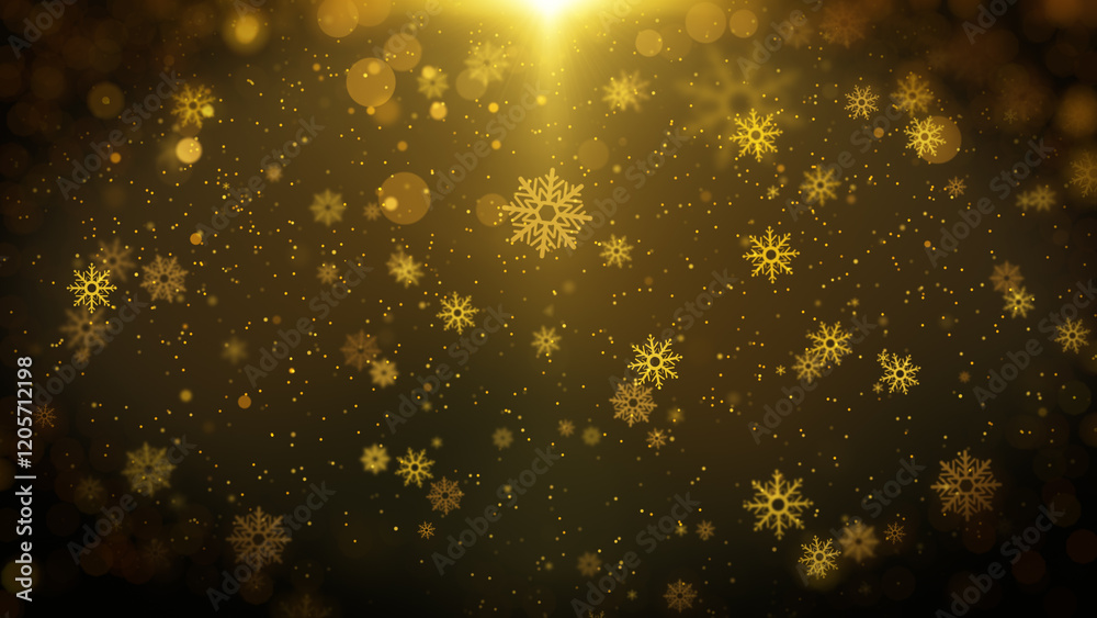 Poster glittering snow flake, gold particle background greeting merry christmas with lens flare shinning li