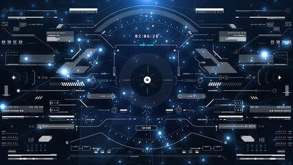 HUD screen surveillance aerial view fly through technology security monitoring system. Cyber digital head up display UI scanning interface illustration.