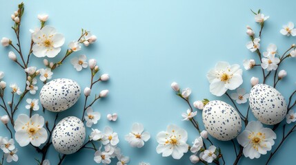 Fototapeta premium Delicate Easter Composition with Speckled Eggs and Cherry Blossoms on Light Blue Background