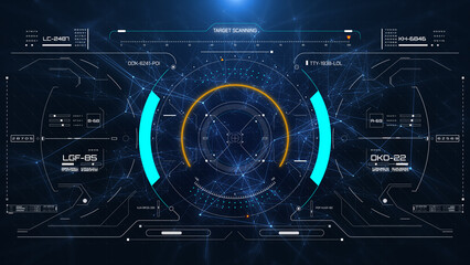Aerial view HUD digital futuristic surveillance monitor screen display.