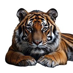 Obraz premium tiger lying down looking at the camera isolated on transparent background