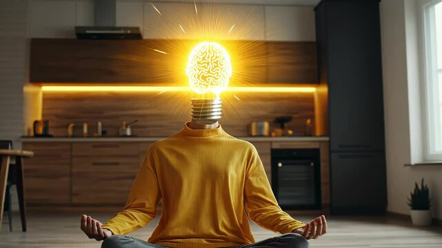Meditative figure with glowing brain in a modern kitchen setting