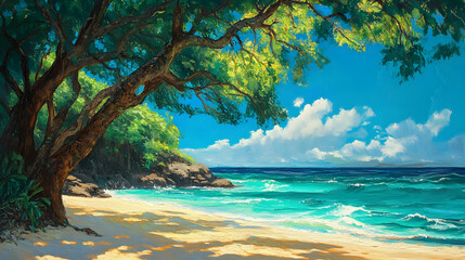 Serene Beachscape with Lush Green Tree and Vibrant Blue Ocean