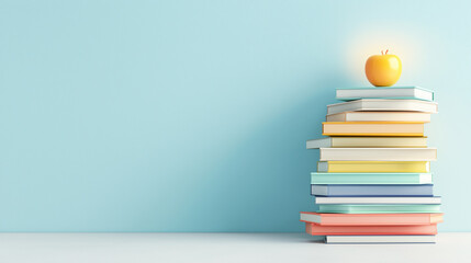 Fototapeta premium A stack of colorful textbooks arranged neatly on a white surface, with a glowing apple placed on top.