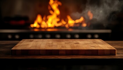 Rustic Kitchen Tabletop: A weathered wooden cutting board rests invitingly on a rustic table, with a crackling fireplace and smoky ambiance in the background.