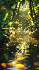 Fototapeta premium Lush jungle scene with serene water reflecting sunlight and colorful leaves floating.