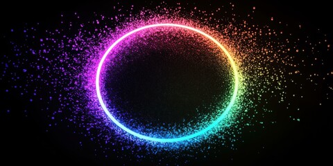 Obraz premium A gradient neon circle glowing in rainbow hues, surrounded by tiny glowing particles on a deep dark background