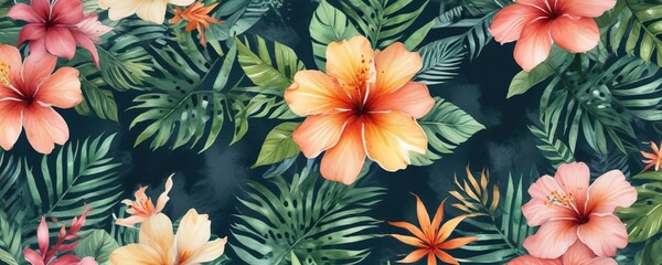 Obraz premium abstract watercolor floral background with tropical elements, hibiscus flowers,