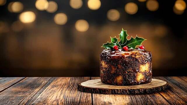 Festive fruitcake adorned with holly on rustic wooden table