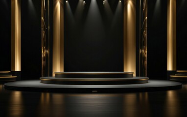 cinematic stage spotlights, golden particle atmosphere, dramatic upward beams, glowing floor reflection, starry lighting effect, dark luxury backdrop, premium awards ceremony scene