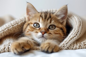 Fototapeta premium Adorable Kitten Wrapped In Cozy Blanket