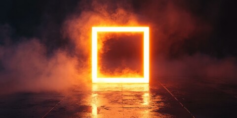A hollow neon square emitting a warm orange light, surrounded by faint glowing mist on a pitch-black surface