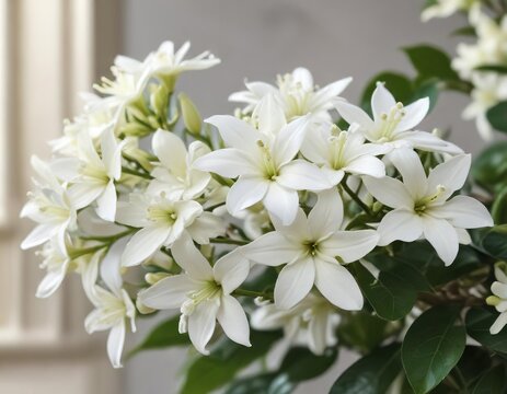 Close-up of white stephanotis floribunda flowers against a blurred background, decoration, celebration, bridal