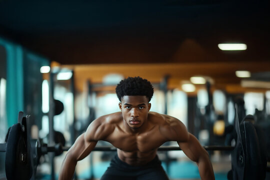 Homme noir, muscl&eacute;, torse nu s'entra&icirc;nant &agrave; la salle de sport avec des halt&egrave;res, mettant en avant la force et la d&eacute;termination, promotion du fitness, la musculation et un mode de vie sain.