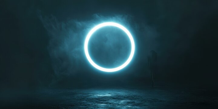A minimalist neon ring with a pulsating white-blue glow, floating in the center of a dark matte background with subtle texture