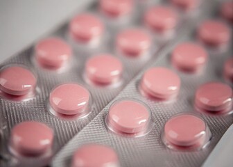 Pink pills in blister pack on white background