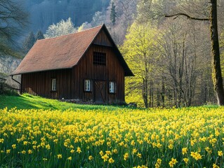 Fototapeta premium A rustic barn surrounded by a field of yellow daffodils in a forest setting during spring