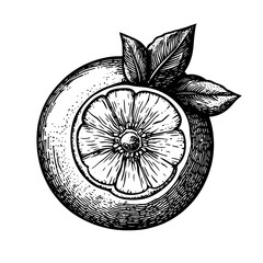 Obraz premium Detailed illustration of a sliced orange with leaves showing its texture and inner structure. Generative AI