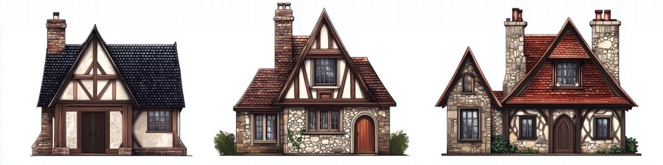 Obraz premium A collection of three distinct Tudor houses style showcasing different architectural styles. The first house features a steeply pitched roof with dark shingles and wooden accents. 