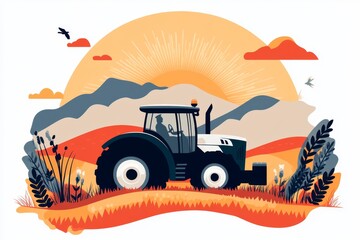 A stylized icon of a tractor in a field, designed with simple shapes and flat colors for a clean and modern look