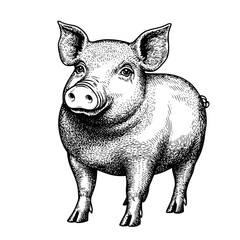 Sketch of a stout pig standing on all fours in a classic engraving style depicting farm life. Generative AI