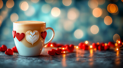 Fototapeta premium Coffee with heart-shaped decorations on a table surrounded by red hearts and soft lighting in the evening