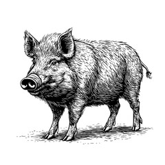Fototapeta premium Detailed illustration of a wild boar walking on a textured surface while showcasing its fur and features in black and white. Generative AI