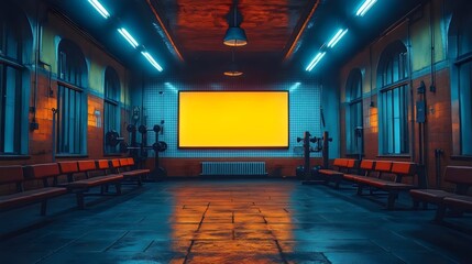 A gym with a large empty white screen and orange chairs