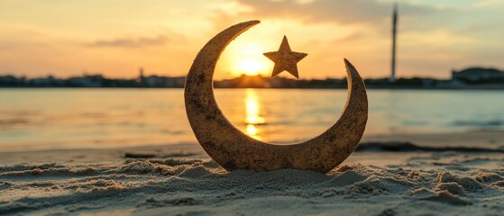 Crescent Moon Star Sunset Beach Sand