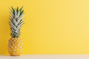 A tropical pineapple resting on its side, with the vibrant yellow wall complementing its bold, spiky texture