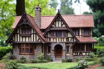 Obraz premium A Tudor house style detailed model of a traditional English cottage with a stone chimney, wooden beams, and a red-tiled roof, surrounded by greenery and flowers.