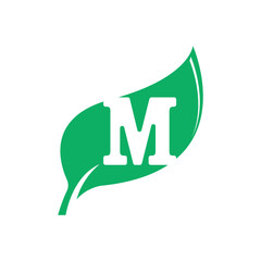 M Initial letter with green leaf vector flat design is design for natural and eco friendly logo