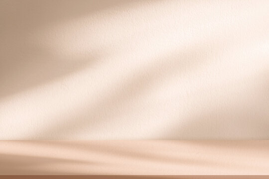 Brown background,Studio wall with shadow on podium for product display,Empty interior kitchen room with light on 3d beige floor,Backdrop background mockup scene blur sunlight gradient on cream colour