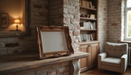Elegant Empty Wooden Frame on Rustic Fireplace Mantel in Vintage Home Interior