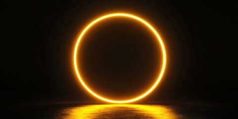 A thick neon circle glowing in radiant yellow, casting a faint light on a sleek black background
