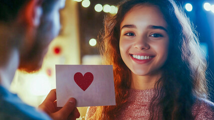 Joyful smile of a girl receiving a heartfelt message during a cozy evening filled with lights