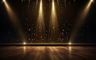 Elegant golden stage vertical glowing with lighting effect sparkle on black background. Template premium award design.