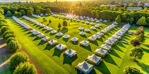 Obraz premium Aerial View: Large White Tents on Lush Green Park Lawn - Event Venue