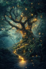 A tree with glowing leaves and a stream of light coming from it