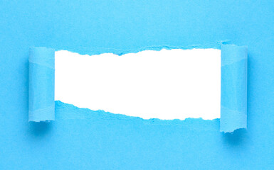 Blue torn curled paper or cardboard message backdrop with rough edges and blank copy space for text in the middle, png template on transparent background design element