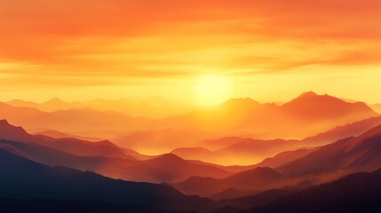 Obraz premium Vibrant sunrise with layered mountains and a fiery orange gradient creating a serene landscape