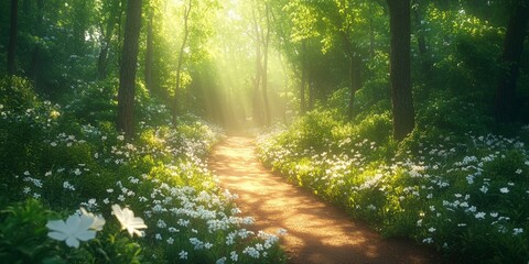 Obraz premium A serene forest path illuminated by sunlight, surrounded by lush greenery and white flowers, evoking peace and natural beauty. Ideal for environmental, travel, or nature-themed projects.