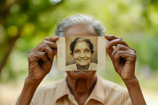 old man hand hold an old photo of his mother
