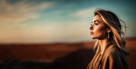 Fototapeta premium portrait of a woman looking over landscape