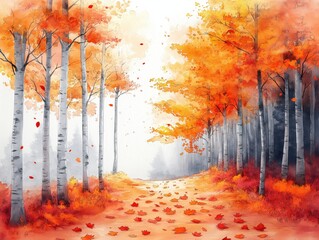 A painting of a forest with trees and leaves on the ground