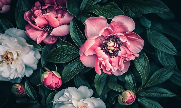 A close up of a bunch of pink and white peons flowers. The flowers are arranged in a way that they are all facing the same direction, creating a sense of harmony and balance