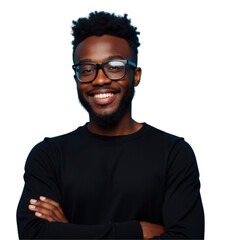 Obraz premium A young black African American man wearing eyeglasses and a black sweater is on transparent background
