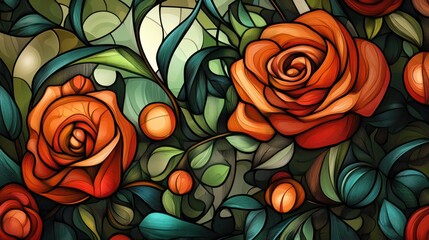 Elegant vintage floral pattern featuring orange roses and dark green leaves and vines on a dark background